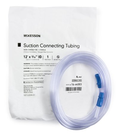 McKesson McKesson Suction Connector Tubing 12 Foot Length 3/16 Inch ID Sterile Female / Male Connector Clear Ribbed OT Surface PVC - 16-66303