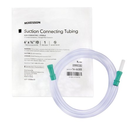 McKesson McKesson Suction Connector Tubing 6 Foot Length 1/4 Inch ID Sterile Female / Male Connector Clear Ribbed OT Surface PVC - 16-66305