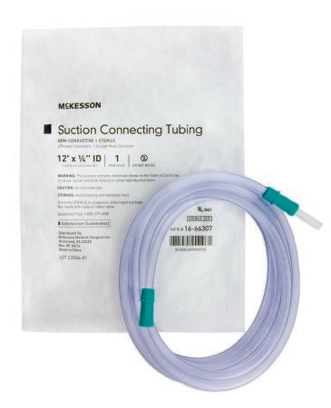 McKesson McKesson Suction Connector Tubing 12 Foot Length 1/4 Inch ID Sterile Female / Male Connector Clear Ribbed OT Surface NonConductive PVC - 16-66307