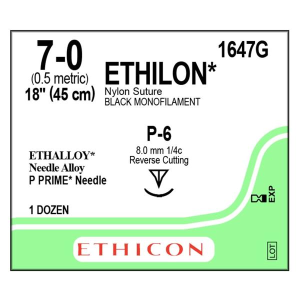Ethicon Inc,a J & J Company Suture 7-0 Nylon P-6 Ethilon Black 1X18" Monofilament 12/Bx - 1647G