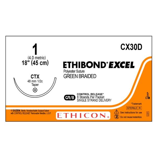 Ethicon Inc,a J & J Company Suture 1 Polyester Ctx Ethibond Excel Green 8-18" Braid 12/Bx - CX30D