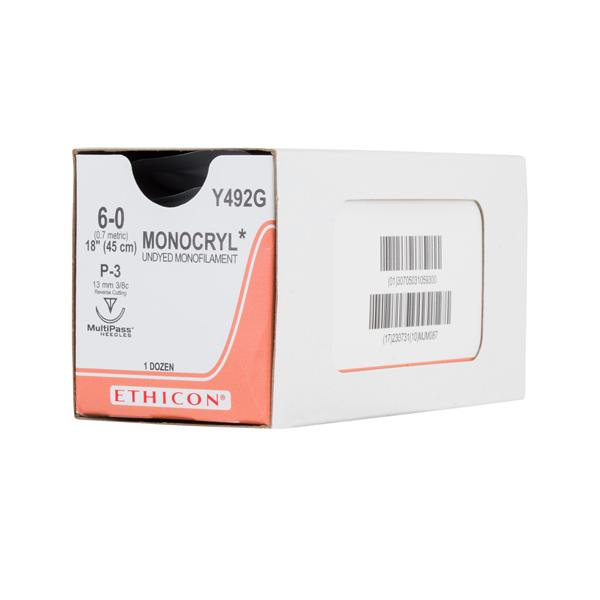 Ethicon Inc,a J & J Company Suture 6-0 Poliglecaprone 25 P-3 Monocryl Undyed 18" Monofilament 12/Bx - Y492G