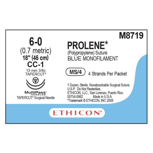 Ethicon Inc,a J & J Company Suture 6-0 Pp C-1/C-1 Prolene Blue 4-18" Double Arm Monofilament 12/Bx - M8719