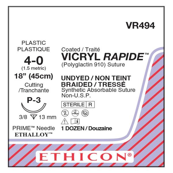 J&J Dental Suture 4-0 Polyglactin 910 P-3 Vicryl Rapide Undyed 18" Braid 12/Bx - VR494