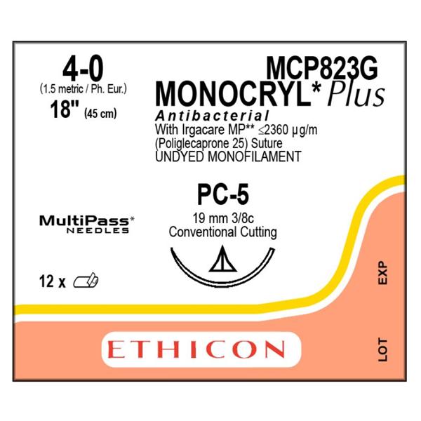 Ethicon Inc,a J & J Company Suture 4-0 Tcs/Pcl25 Pc-5 Monocryl Plus Undyed 18" Monofilament 12/Bx - MCP823G