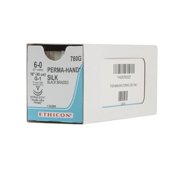 Ethicon Inc,a J & J Company Suture 6-0 Silk G-1/G-1 Perma-Hand Black 1X18" Double Arm Braid 12/Bx - 780G