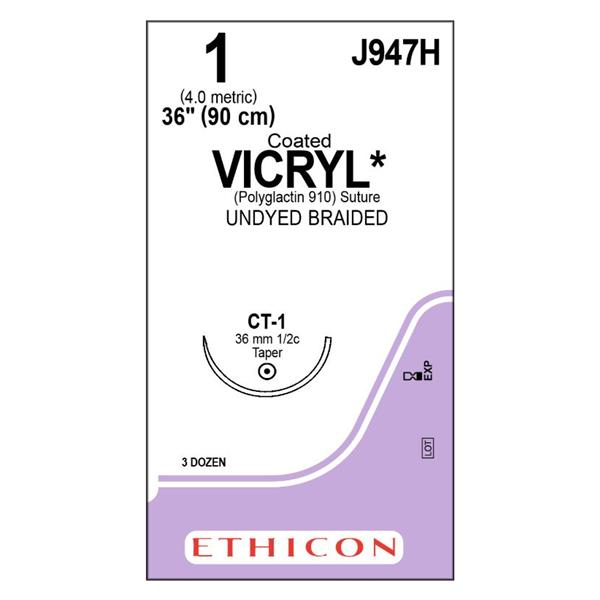Ethicon Inc,a J & J Company Suture 1 Polyglactin 910 Ct-1 Vicryl Undyed 36" Braid 36/Bx - J947H