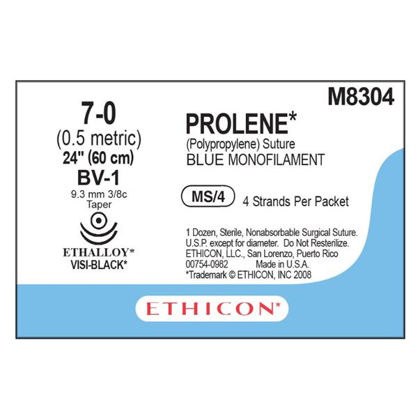 Ethicon Inc,a J & J Company Suture 7-0 Pp Bv-1/Bv-1 Prolene Blue 4-24" Double Arm Monofilament 12/Bx - M8304