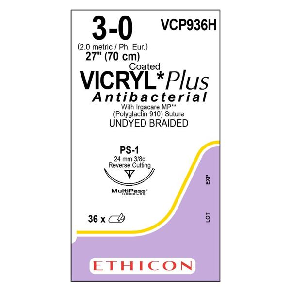 Ethicon Inc,a J & J Company Suture 3-0 Triclosan/Polyglactin 910 Ps-1 Vicryl Plus Undyed 27" Braid 36/Bx - VCP936H