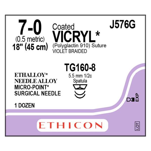 Ethicon Inc,a J & J Company Suture 7-0 Pg910 Tg160-8/Tg160-8 Vicryl Violet 18" Double Arm Braid 12/Bx - J576G