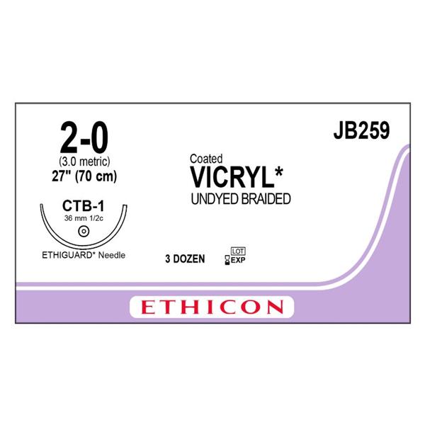 Ethicon Inc,a J & J Company Suture 2-0 Polyglactin 910 Ctb-1 Vicryl Undyed 27" Braid 36/Bx - JB259