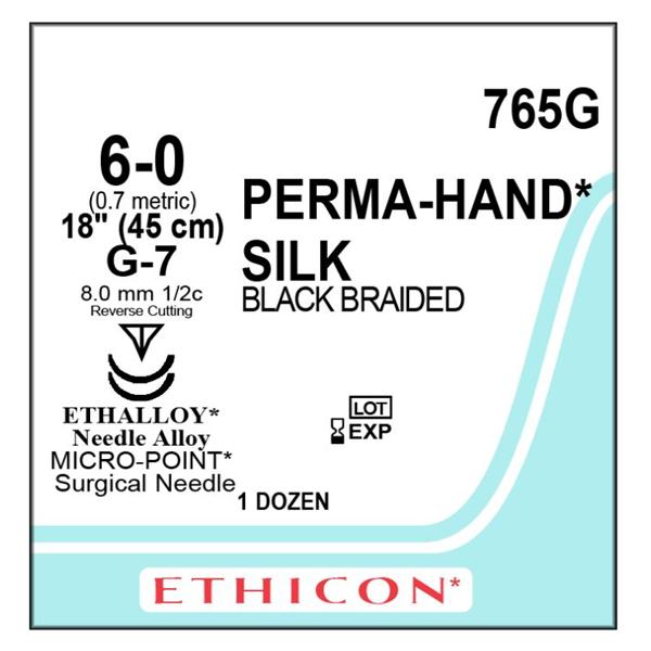 Ethicon Inc,a J & J Company Suture 6-0 Silk G-7/G-7 Perma-Hand Black 1X18" Double Arm Braid 12/Bx - 765G