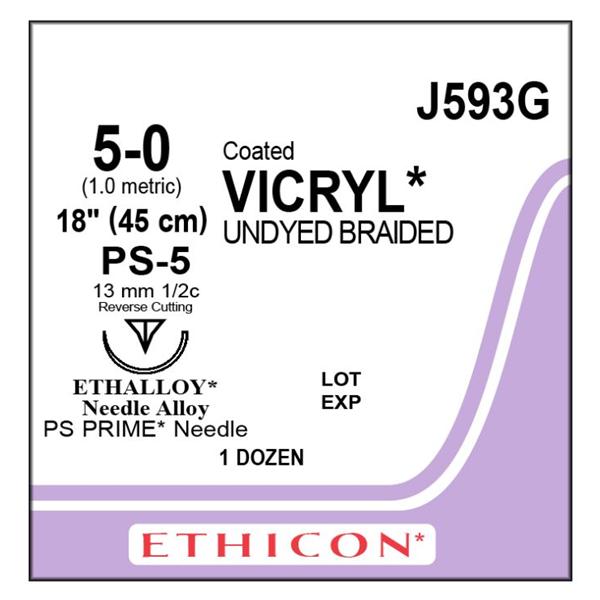 Ethicon Inc,a J & J Company Suture 5-0 Polyglactin 910 Ps-5 Vicryl Undyed 18" Braid 12/Bx - J593G