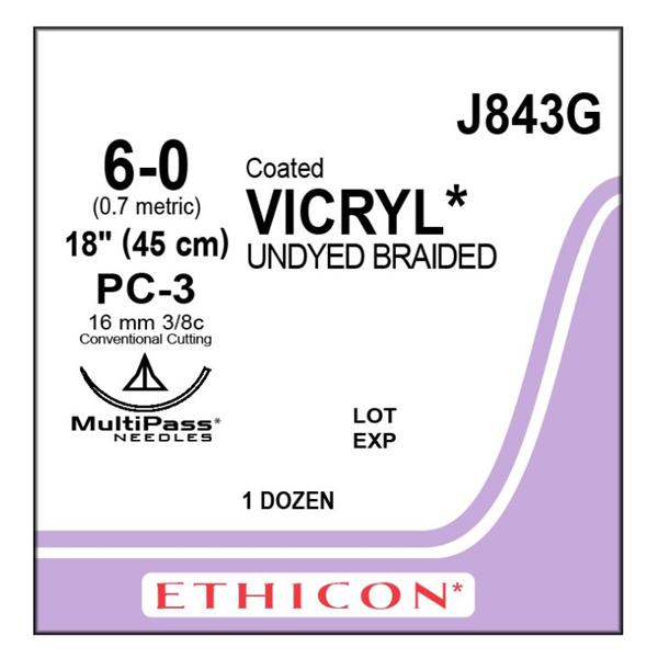 Ethicon Inc,a J & J Company Suture 6-0 Polyglactin 910 Pc-3 Vicryl Undyed 18" Braid 12/Bx - J843G