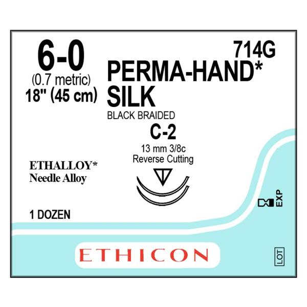 Ethicon Inc,a J & J Company Suture 6-0 Silk C-2/C-2 Perma-Hand Black 18" Double Arm Braid 12/Bx - 714G