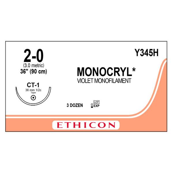 Ethicon Inc,a J & J Company Suture 2-0 Poliglecaprone 25 Ct-1 Monocryl Violet 36" Monofilament 36/Bx - Y345H