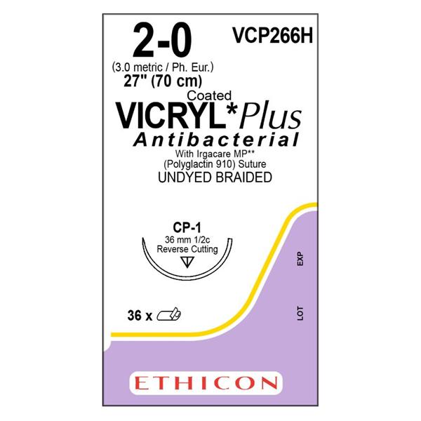 Ethicon Inc,a J & J Company Suture 2-0 Triclosan/Polyglactin 910 Cp-1 Vicryl Plus Undyed 27" Braid 36/Bx - VCP266H