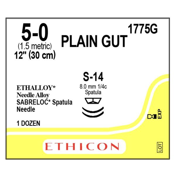 Ethicon Inc,a J & J Company Suture 5-0 Plain Gut S-14/S-14 Yellowish Tan 12" Double Arm Monofilament 12/Bx - 1775G