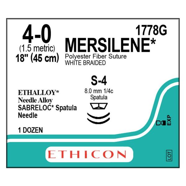 Ethicon Inc,a J & J Company Suture 4-0 Polyester S-4/S-4 Mersilene White 1X18" Double Arm Braid 12/Bx - 1778G