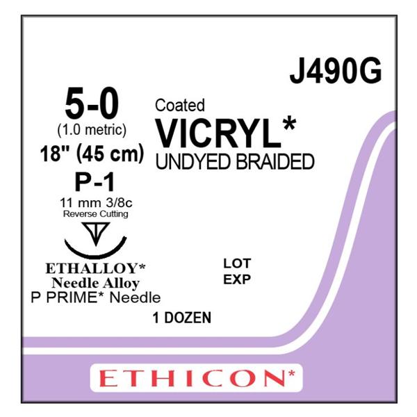 Ethicon Inc,a J & J Company Suture 5-0 Polyglactin 910 P-1 Vicryl Undyed 18" Braid 12/Bx - J490G
