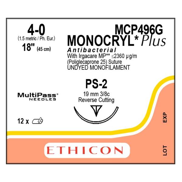 Ethicon Inc,a J & J Company Suture 4-0 Tcs/Pcl25 Ps-2 Monocryl Plus Undyed 18" Monofilament 12/Bx - MCP496G