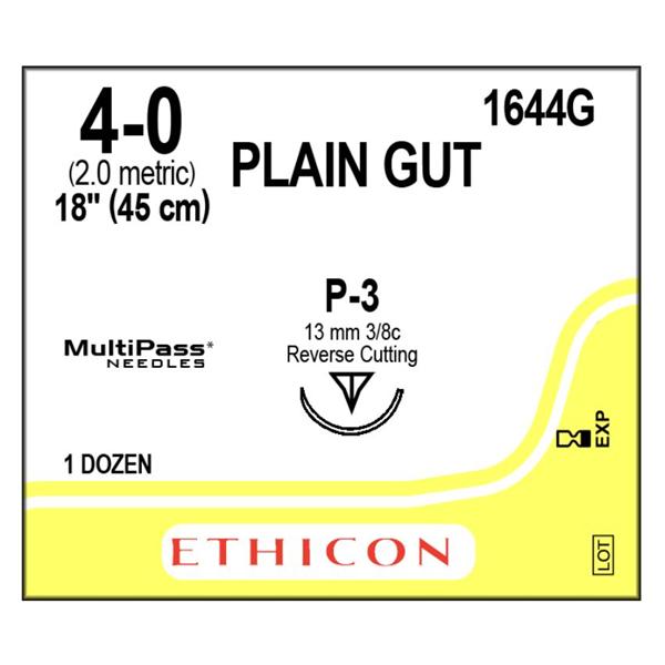 J&J Dental Suture 4-0 Plain Gut P-3 Yellowish Tan 18" Monofilament 12/Bx - 1644G