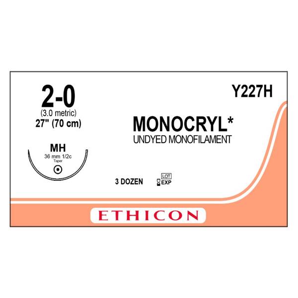 Ethicon Inc,a J & J Company Suture 2-0 Poliglecaprone 25 Mh Monocryl Undyed 1X27" Monofilament 36/Bx - Y227H