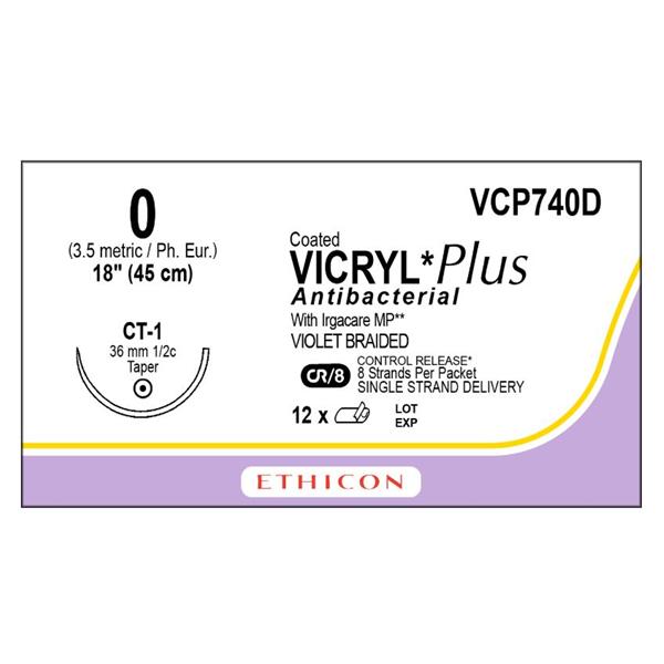 Ethicon Inc,a J & J Company Suture 0 Triclosan/Polyglactin 910 Ct-1 Vicryl Plus Violet 8-18" Braid 12/Bx - VCP740D