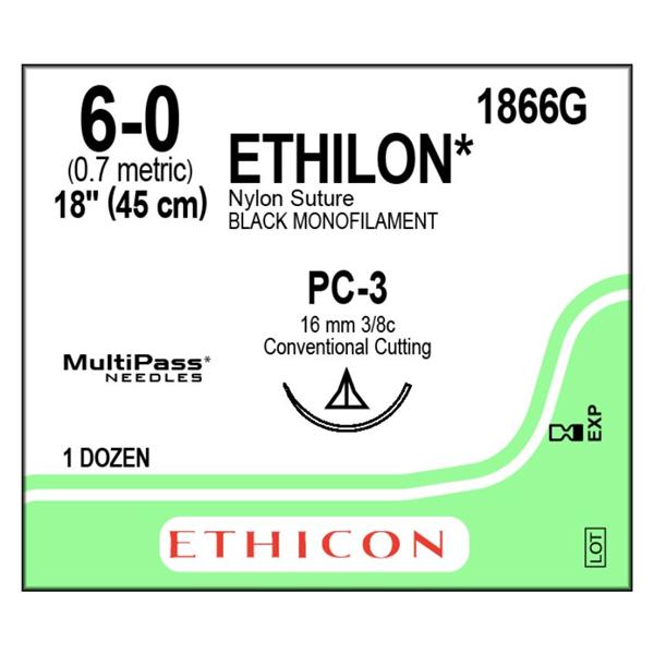 Ethicon Inc,a J & J Company Suture 6-0 Nylon Pc-3 Ethilon Black 18" Monofilament 12/Bx - 1866G