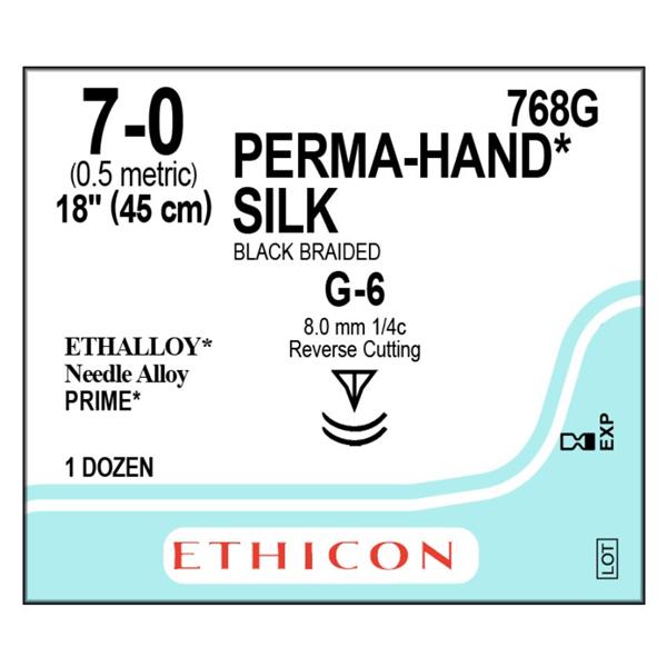 Ethicon Inc,a J & J Company Suture 7-0 Silk G-6/G-6 Perma-Hand Black 1X18" Double Arm Braid 12/Bx - 768G