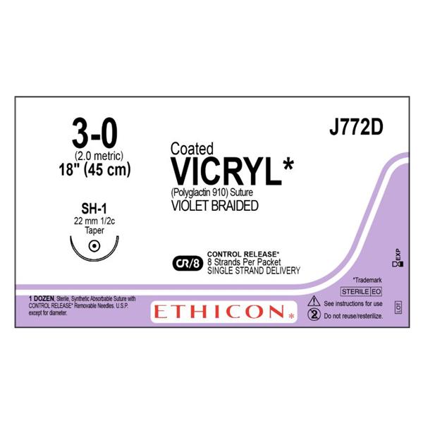 Ethicon Inc,a J & J Company Suture 3-0 Polyglactin 910 Sh-1 Vicryl Violet 8-18" Braid 12/Bx - J772D