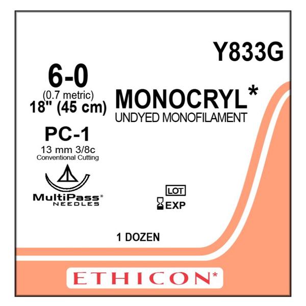Ethicon Inc,a J & J Company Suture 6-0 Poliglecaprone 25 Pc-1 Monocryl Undyed 18" Monofilament 12/Bx - Y833G