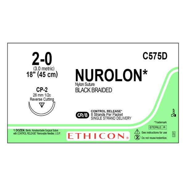 Ethicon Inc,a J & J Company Suture 2-0 Nylon Cp-2 Nurolon Black 8-18" Braid 12/Bx - C575D