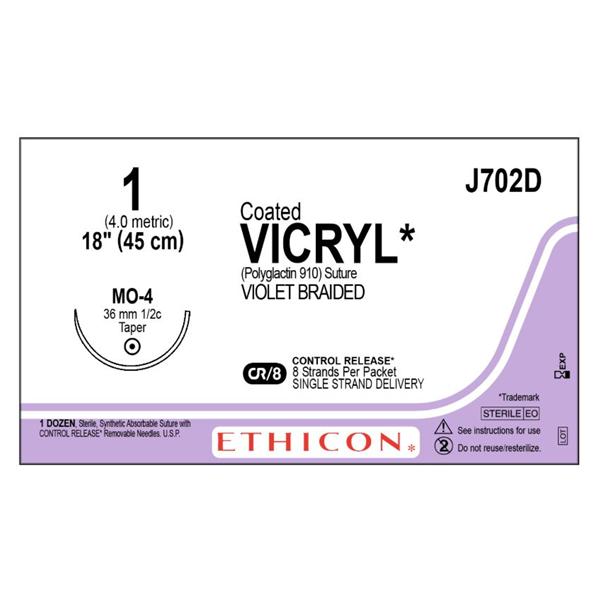 Ethicon Inc,a J & J Company Suture 1 Polyglactin 910 Mo-4 Vicryl Violet 8-18" Braid Bx - J702D
