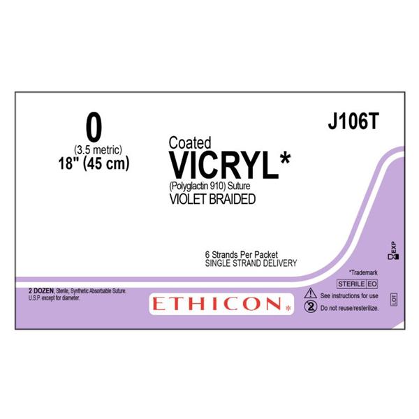 Ethicon Inc,a J & J Company Suture 6-0 Polyglactin 910 No Needle Vicryl Violet 6-18" Braid 24/Bx - J106T