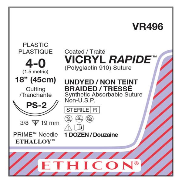J&J Dental Suture 4-0 Polyglactin 910 Ps-2 Vicryl Rapide Undyed 18" Braid 12/Bx - VR496