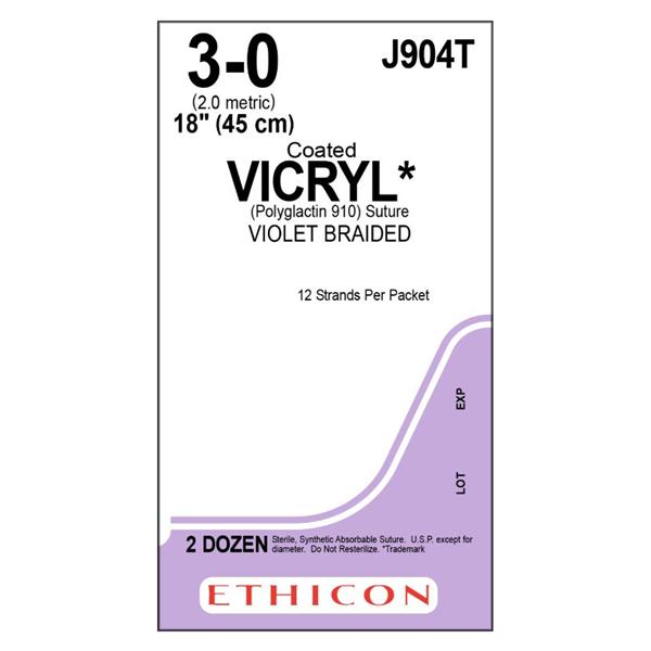 Ethicon Inc,a J & J Company Suture 3-0 Polyglactin 910 No Needle Vicryl Violet 12-18" Braid 24/Bx - J904T