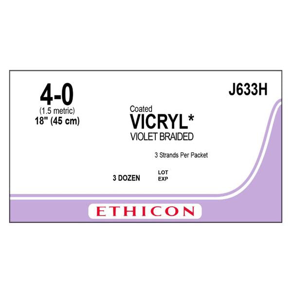 Ethicon Inc,a J & J Company Suture 4-0 Polyglactin 910 No Needle Vicryl Violet 18" Braid 36/Bx - J633H