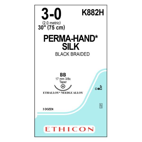 Ethicon Inc,a J & J Company Suture 3-0 Silk Bb Perma-Hand Black 30" Braid 36/Bx - K882H