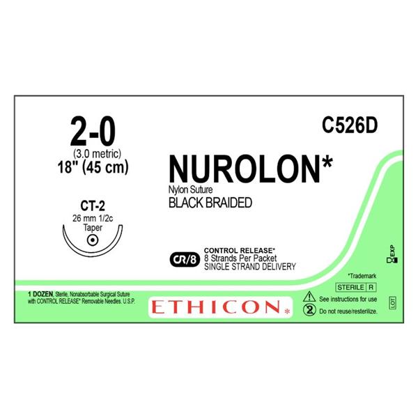 Ethicon Inc,a J & J Company Suture 2-0 Nylon Ct-2 Nurolon Black 8-18" Braid 12/Bx - C526D