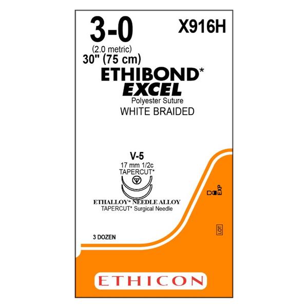 Ethicon Inc,a J & J Company Suture 3-0 Polyester V-5/V-5 Ethibond Excel White 30" Double Arm Braid 36/Bx - X916H