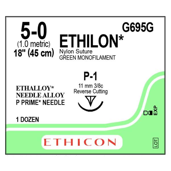 Ethicon Inc,a J & J Company Suture 5-0 Nylon P-1 Ethilon Green 18" Monofilament 12/Bx - G695G
