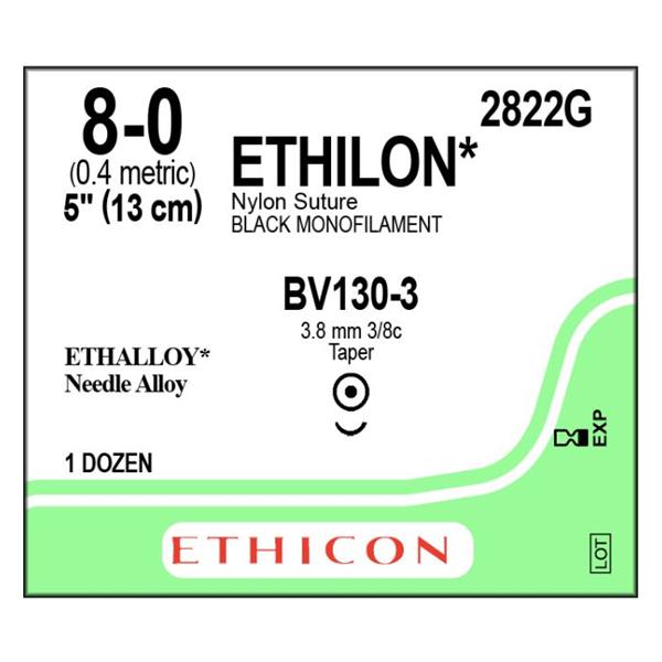 Ethicon Inc,a J & J Company Suture 8-0 Nylon Bv130-3 Ethilon Black 5" Monofilament 12/Bx - 2822G