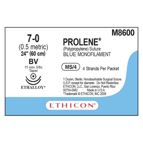 Ethicon Inc,a J & J Company Suture 7-0 Polypropylene Bv/Bv Prolene Blue 4-24" Double Arm Monofilament 12/Bx - M8600