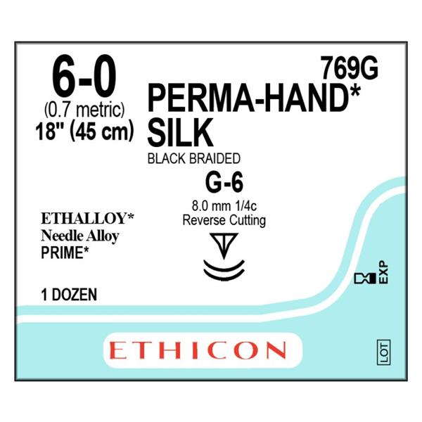 Ethicon Inc,a J & J Company Suture 6-0 Silk G-6/G-6 Perma-Hand Black 1X18" Double Arm Braid 12/Bx - 769G