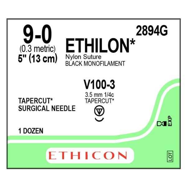 Ethicon Inc,a J & J Company Suture 9-0 Nylon V100-3 Ethilon Black 1X5" Monofilament 12/Bx - 2894G