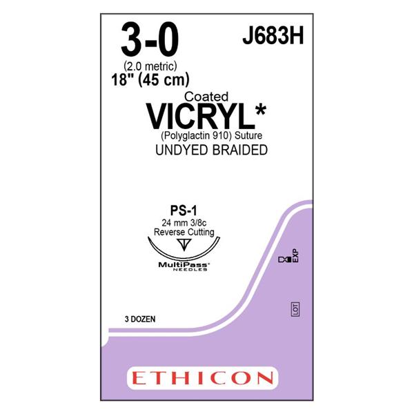 Ethicon Inc,a J & J Company Suture 3-0 Polyglactin 910 Ps-1 Vicryl Undyed 18" Braid 36/Bx - J683H