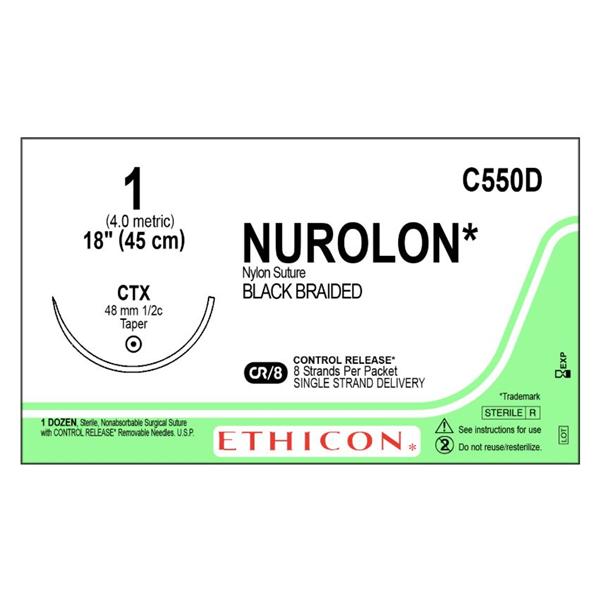 Ethicon Inc,a J & J Company Suture 1 Nylon Ctx Nurolon Black 8-18" Braid 12/Bx - C550D