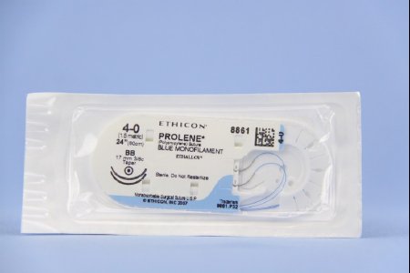 Prolene - Suture with Needle Nonabsorbable Uncoated Blue Suture Monofilament Polypropylene Suture Size 4 - 0 24 Inch Suture Double-Armed 17 mm Length 3/8 Circle Taper Point Needle - 8861H