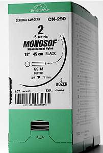 Monosof~Dermalon Suture with Needle Nonabsorbable Uncoated Black Suture Monofilament Nylon Size 10-0 8 Inch Suture Double-Armed 5 mm Length Compound Curve Spatula Needle